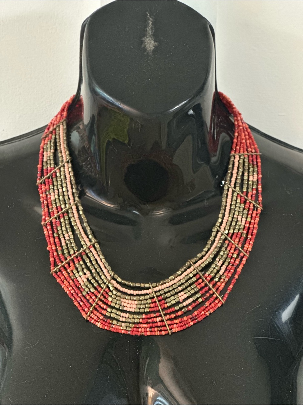 Multi-Strand Red and Gold Beaded Statement Necklace